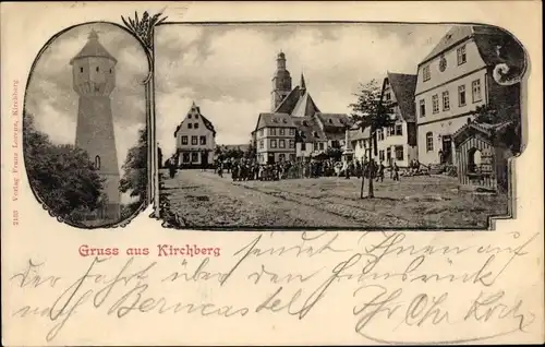 Ak Kirchberg im Hunsrück, Wasserturm, Marktplatz mit Gebäuden, Anwohner