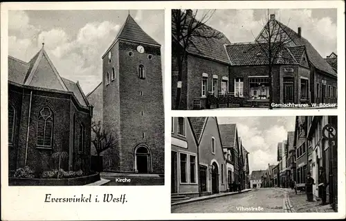 Ak Everswinkel NRW, Kirche, Gemischtwaren W. Böcker, Vitusstraße