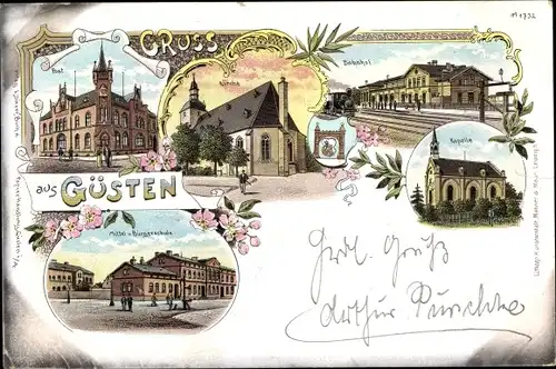 Litho Güsten Sachsen Anhalt, Post, Kirche, Bahnhof, Kapelle, Bürgerschule