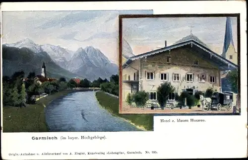 Ak Garmisch Partenkirchen in Oberbayern, Hotel zum blauen Husaren, Totalansicht