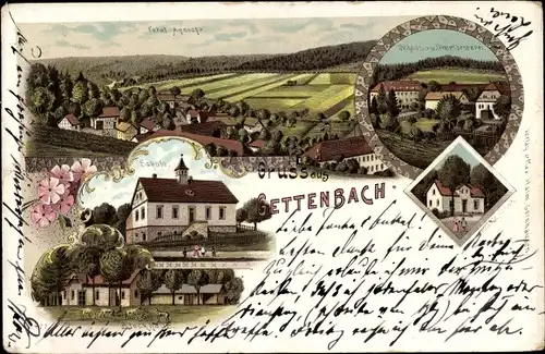 Litho Gettenbach Gründau im Main Kinzig Kreis, Schule, Schloss, Oberförsterei, Blockhaus