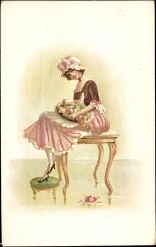 Künstler Ak Frau in rosa Kleid mit Haube und Blumenstrauß