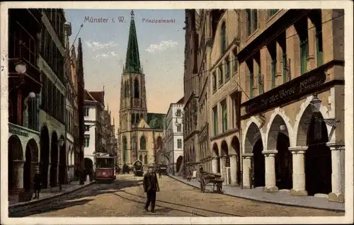 Ak Münster in Westfalen, Prinzipalmarkt mit Blick zur Kirche, Straßenbahn