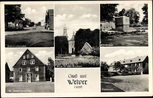 Ak Welver in Westfalen, Ehrenmal, Pastorat, St. Josef Hospital, Blick zu den Kirchen, Bahnhofstraße