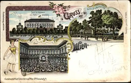 Litho Wien 2. Leopoldstadt Österreich, Pertl's Caféhaus, Prater, Garten mit Musikpavillon, Ballerina