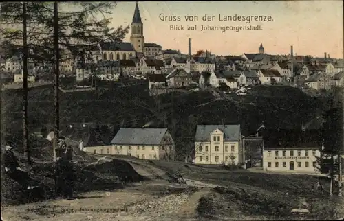 Ak Johanngeorgenstadt im Erzgebirge Sachsen, Blick auf den Ort mit Kirche, Hotel Wilhelmsthal