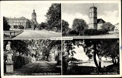 Ak Neustrelitz Mecklenburg Vorpommern, Schloss, Marktplatz mit Stadtkirche, Zierker See, Götterallee