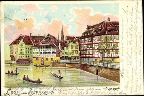 Litho Strasbourg Straßburg Elsass Bas Rhin, Pflanzbad, Flusspartie, Ruderer, Uferpromenade