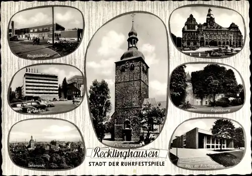 Ak Recklinghausen im Ruhrgebiet, Hauptbahnhof, Petruskirche, Engelsburg, Rathaus, Europahotel