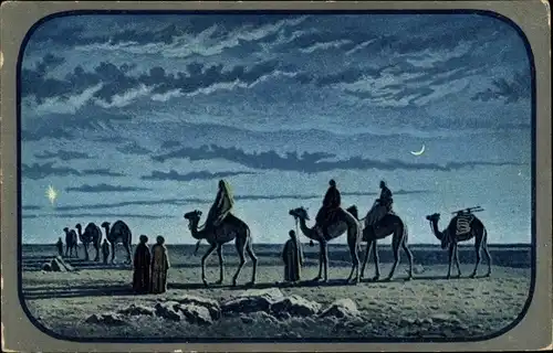 Künstler Ak Kamele in der Wüste bei Nacht, Mondschein, Stern