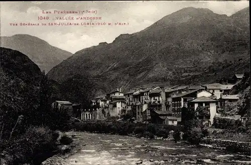 Ak Sant Julià de Lòria Andorra, Vue générale, Flusspartie mit Blick auf den Ort