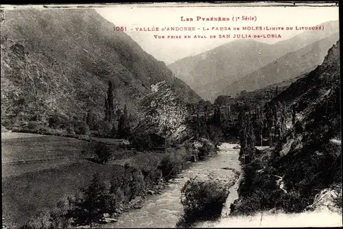 Ak Sant Julià de Lòria Andorra, La farga de moles, Flusspartie, Landschaftsblick