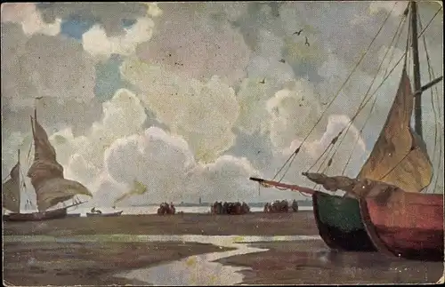 Künstler Ak Strandpartie mit Segelbooten am Ufer, Wolken