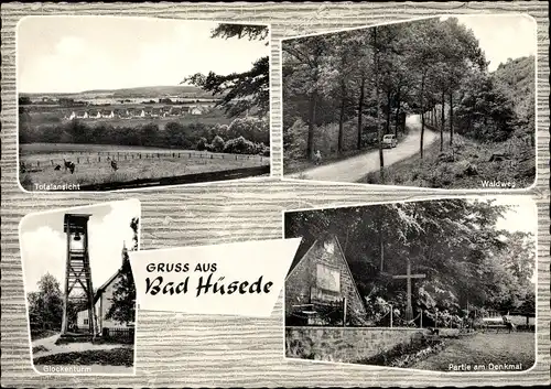Ak Hüsede Bad Essen Niedersachsen, Gaststätte u. Kolonialwaren Wilker, Glockenturm, Waldweg, Denkmal