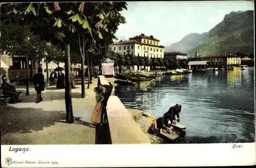 Ak Lugano Kt. Tessin Schweiz, Quai, Wäscherinnen, Straßenbahn