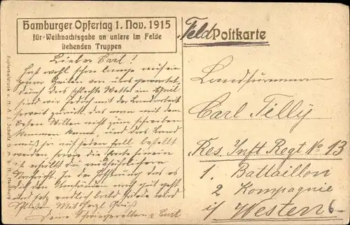 Künstler Ak Hamburger Opfertag am 01. November 1915, Weihnachtsgabe für Truppen