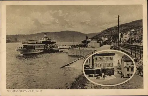 Ak Rüdesheim am Rhein, Dampferanlegestelle, Hotel Restaurant vorm. Faulhaber, Bes. Ernst Müller