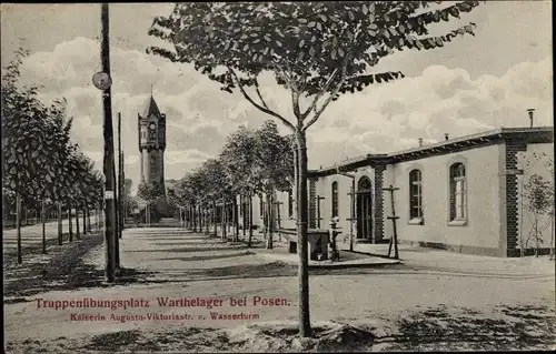 Ak Warthelager Poznań Posen, Truppenübungsplatz, Kaiserin Augusta Viktoria Straße, Wasserturm