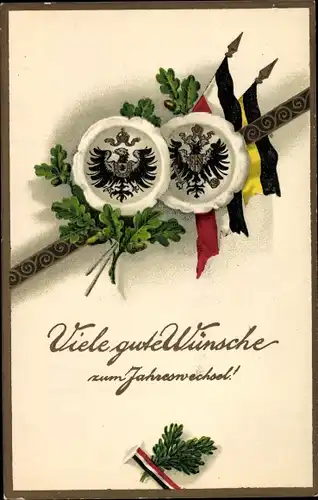 Präge Ak Glückwunsch Neujahr, Wappen, Eichenlaub, Fahnen, Österreich, Deutschland