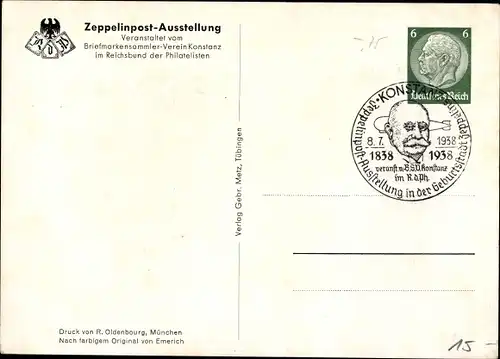 Ganzsachen Künstler Ak Konstanz Bodensee, Zeppelinpost Ausstellung 1938, Graf Zeppelin