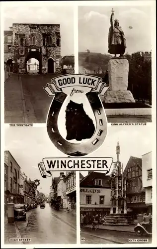 Ak Winchester Hampshire England, King Alfred's Statue, City Cross, High Street, Westgate, cat
