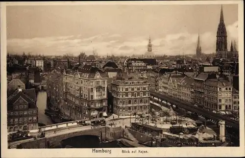 Ak Hamburg Mitte Altstadt, Blick auf Kajen, Kirchturm, Brücke, Straßenbahn, Hochbahnschienen