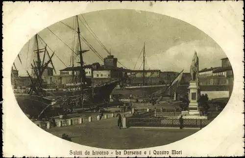 Ak Livorno Toscana, La Darsena e i Quattro Mori, Segelschiff, Denkmal