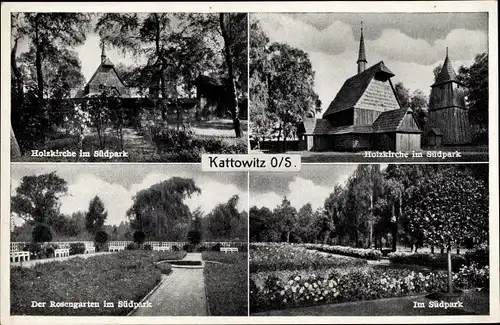 Ak Katowice Kattowitz Schlesien, Blick auf die Holzkirche im Südpark, Rosengarten