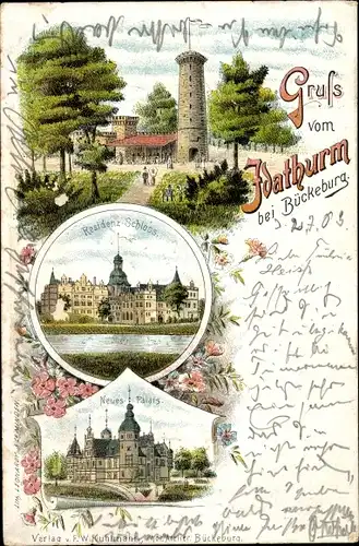 Litho Bückeburg in Schaumburg, Gruß vom Idaturm, Neues Palais, Residenzschloss