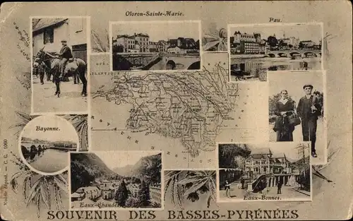 Landkarten Ak Pau Pyrénées Atlantiques, Oloron Sainte Marie, Bayonne, Eaux Chaudes, Eaux Bonnes