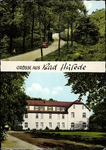 Ak Hüsede Bad Essen in Niedersachsen, M. Wilker Gasthaus u. Gemischtwaren, Gesamtansicht u. Waldweg
