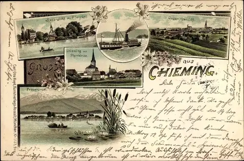 Litho Chieming in Oberbayern, Seeansicht, Pfarrhof, Pfarrkirche, Fraueninsel, Gesamtansicht