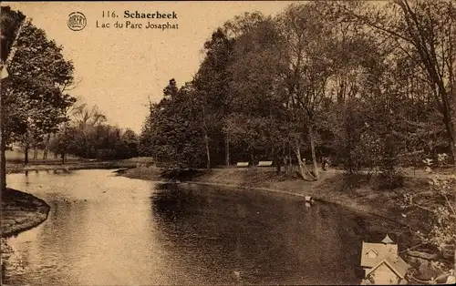 Ak Schaerbeek Brüssel Belgien, Lac du Parc Josaphat, Seepartie in einem Park, Entenhaus