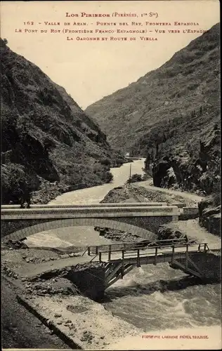 Ak Valle de Aran Katalonien, Puente del Rey, Grenze Spanien Frankreich, Garonne et Route de Vieilla