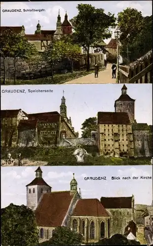 Ak Grudziądz Graudenz Westpreußen, Schlossbergstraße, Speicherseite, Kirche