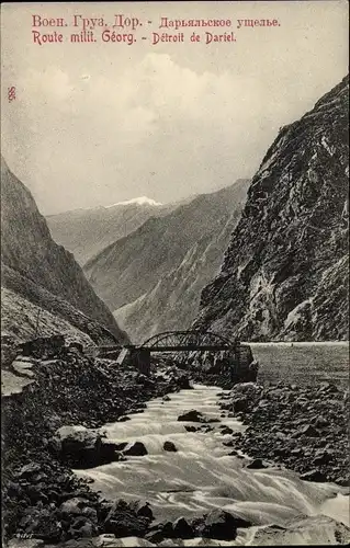 Ak Georgien, Route milit. Géorg., Détroit de Dariel, Flusspartie, Tal, Brücke