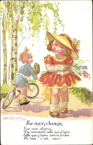 Künstler Ak Mauzan, Sur mon chemin, Kinder, Junge auf einem Fahrrad