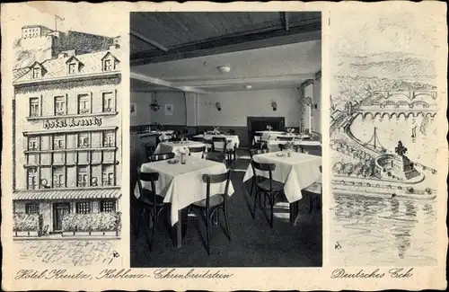 Ak Koblenz Ehrenbreitstein, Hotel Kreutz, Speisesaal, Straßenansicht, Deutsches Eck, Panorama