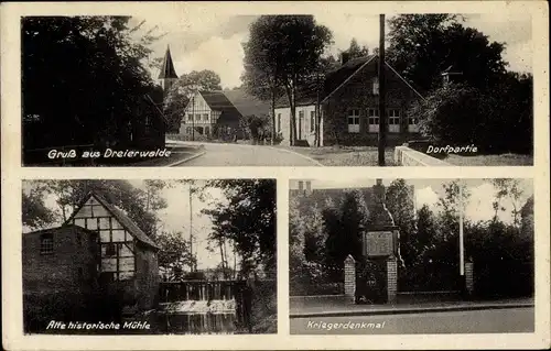 Ak Dreierwalde Hörstel in Westfalen, Dorfpanorama, Alte historische Mühle, Kriegerdenkmal