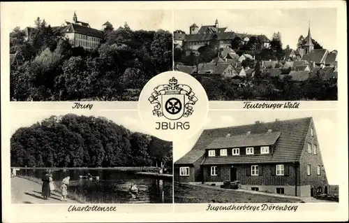 Ak Bad Iburg in Niedersachsen, Wappen, Schloss Iburg, Charlottensee, Jugendherberge Dörenberg