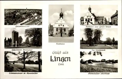 Ak Lingen, Eisenbahnbrücke Hanekenfähr, Rathaus, Große Straße, Stadtpark, Gefallenen Ehrenmal