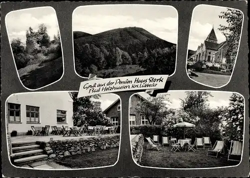 Ak Holzhausen Preußisch Oldendorf, Pension Haus Stork am Wiehengebirge, Terrasse, Ruine, Kirche