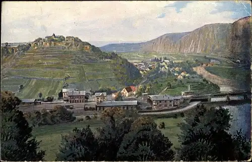 Künstler Ak Bad Münster am Stein Ebernburg Bad Kreuznach, Rotenfels, Bahnhof und Brücke, WIRO 2064 D