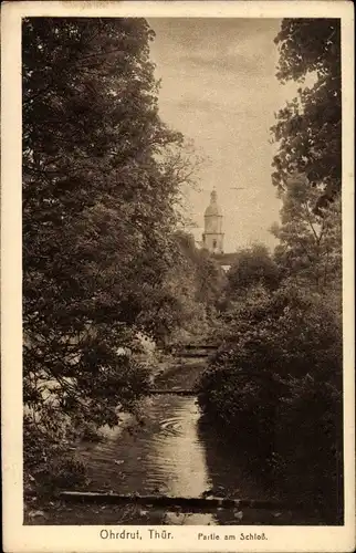 Ak Ohrdruf in Thüringen, Wasserpartie am Schloss, Turm