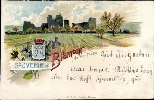 Litho Blâmont Lothringen Meurthe et Moselle, Burgruine, Umgebung, Wappen