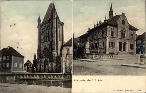 Ak Niederhaslach Elsass Bas Rhin, Kirche mit Portal, Gebäude, Denkmal