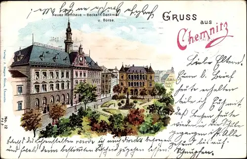 Litho Chemnitz Sachsen, Neues Rathaus, Becker Denkmal, Börse, Parkanlagen