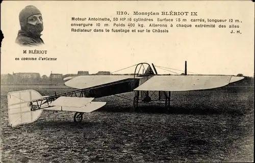 Ak Monoplan Bleriot IX, Moteur Antoinette, M. Bleriot en costume d'aviateur, Flugzeug und Pilot