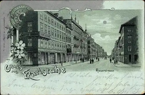 Mondschein Litho Karlsruhe in Baden Württemberg, Kaiserstraße, Geschäftshäuser