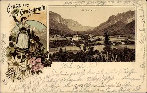 Litho Großgmain in Salzburg, Totalansicht, Salzburgerin in Tracht